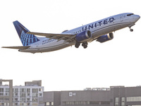 United Airlines Boeing 737 MAX 8 aircraft spotted departing from LaGuardia Airport in New York City during take off and flying phase in the...