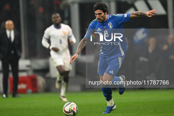 Sandro Tonali of Italy plays against France during the Group A2 - UEFA Nations League 2024 match between Italy and France at Giuseppe Meazza...