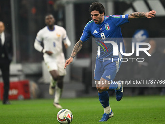 Sandro Tonali of Italy plays against France during the Group A2 - UEFA Nations League 2024 match between Italy and France at Giuseppe Meazza...