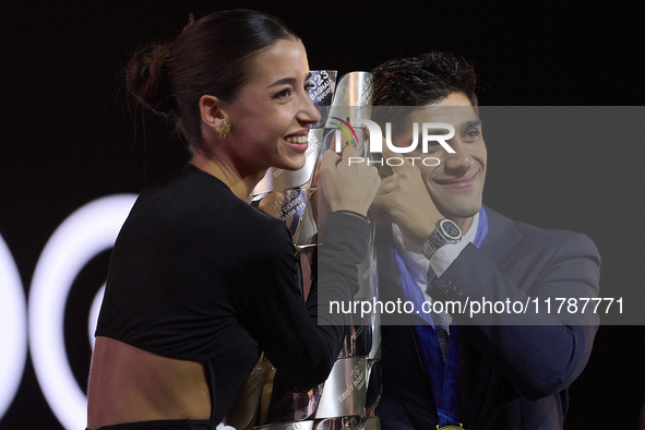 Jorge Martin (89) of Spain and Prima Pramac Racing Ducati with his girlfriend Maria Monfort with the trophy of MotoGP Champion during the Mo...