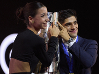 Jorge Martin (89) of Spain and Prima Pramac Racing Ducati with his girlfriend Maria Monfort with the trophy of MotoGP Champion during the Mo...