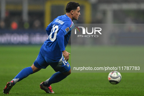 Giacomo Raspadori of Italy participates in the Group A2 - UEFA Nations League 2024 match between Italy and France in Milan, Italy, on Novemb...