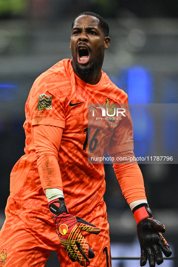 Mike Maignan of France reacts during the Group A2 - UEFA Nations League 2024 match between Italy and France in Milan, Italy, on November 17,...