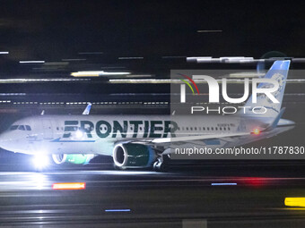 Frontier Airlines Airbus A320neo passenger aircraft spotted on accelerating on the runway for take off at Ronald Reagan Washington National...