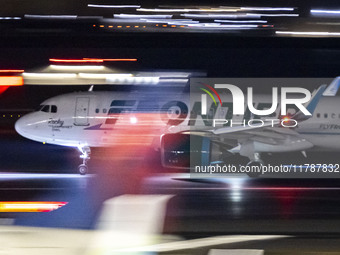 Frontier Airlines Airbus A320neo passenger aircraft spotted on accelerating on the runway for take off at Ronald Reagan Washington National...