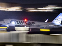 Frontier Airlines Airbus A320neo passenger aircraft spotted on accelerating on the runway for take off at Ronald Reagan Washington National...