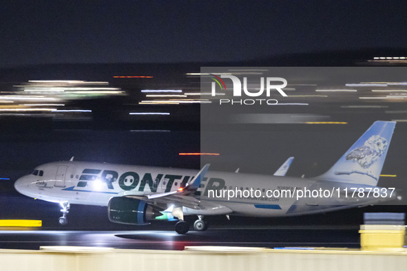 Frontier Airlines Airbus A320neo passenger aircraft spotted on accelerating on the runway for take off at Ronald Reagan Washington National...