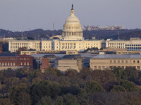 Close up of the US Capitol the seat of the United States Congress with the United States Senate and the US House of Representatives. 
Panora...