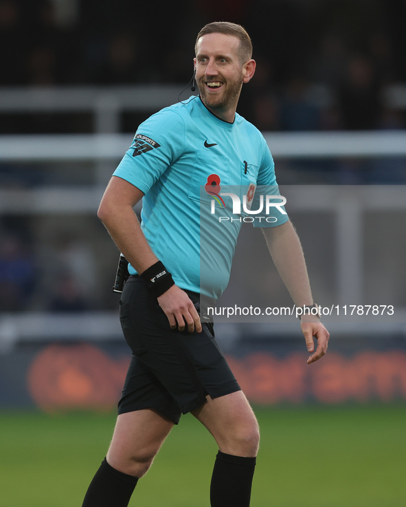 Match referee Jamie O'Connor officiates during the Vanarama National League match between Hartlepool United and Eastleigh at Victoria Park i...