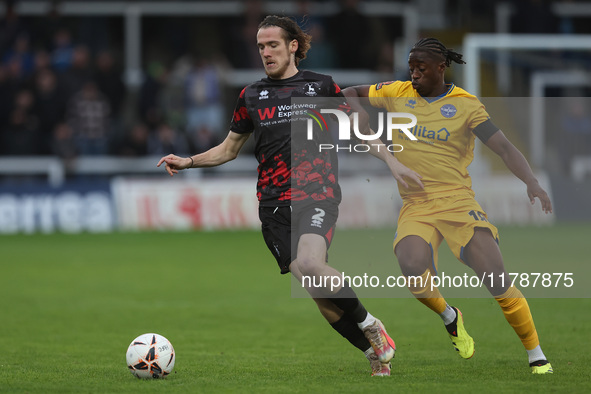 Daniel Dodds of Hartlepool United competes with Angel Waruih of Eastleigh during the Vanarama National League match between Hartlepool Unite...