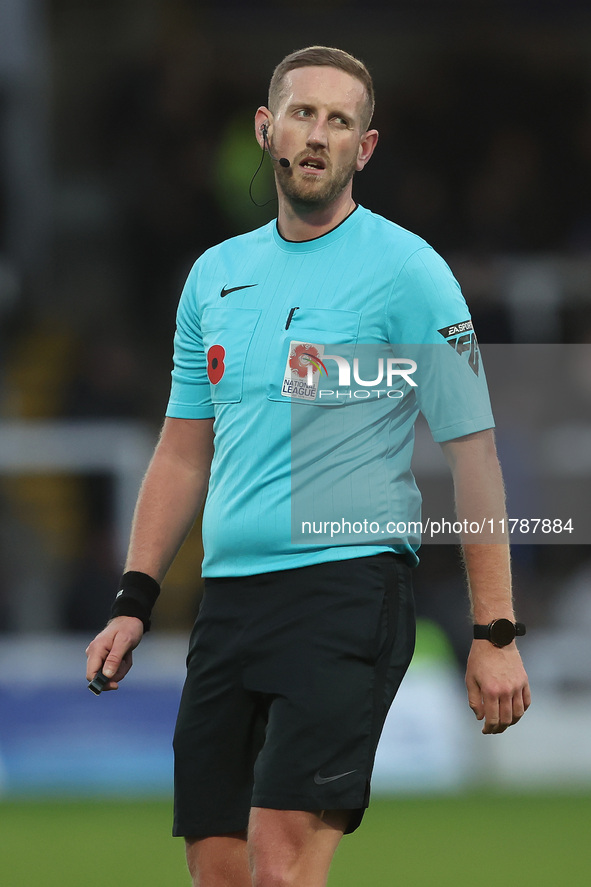 Match referee Jamie O'Connor officiates during the Vanarama National League match between Hartlepool United and Eastleigh at Victoria Park i...