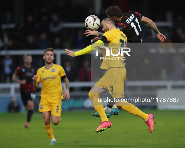 Luke Charman of Hartlepool United challenges Niall Maher of Eastleigh for a header during the Vanarama National League match between Hartlep...