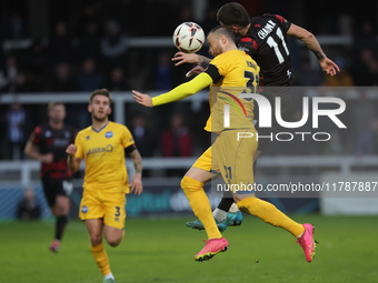 Luke Charman of Hartlepool United challenges Niall Maher of Eastleigh for a header during the Vanarama National League match between Hartlep...