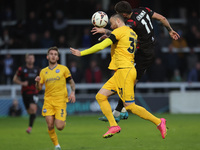 Luke Charman of Hartlepool United challenges Niall Maher of Eastleigh for a header during the Vanarama National League match between Hartlep...