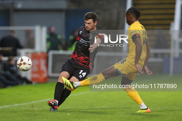 Nathan Sheron of Hartlepool United competes with Angel Waruih of Eastleigh during the Vanarama National League match between Hartlepool Unit...