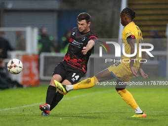 Nathan Sheron of Hartlepool United competes with Angel Waruih of Eastleigh during the Vanarama National League match between Hartlepool Unit...