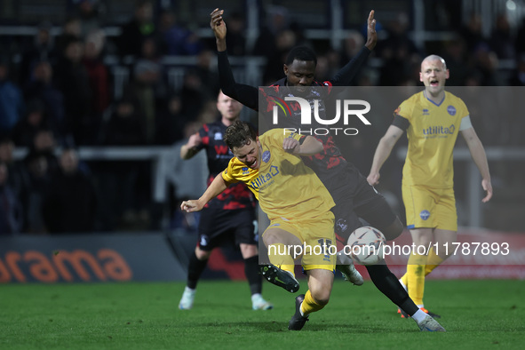 Manny Onariase of Hartlepool United battles for possession with Dominic Cape of Eastleigh during the Vanarama National League match between...