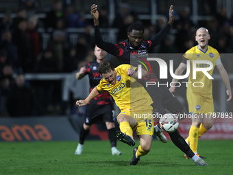 Manny Onariase of Hartlepool United battles for possession with Dominic Cape of Eastleigh during the Vanarama National League match between...