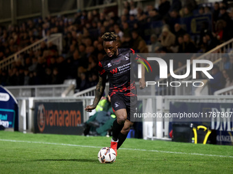 Kazenga LuaLua of Hartlepool United plays during the Vanarama National League match between Hartlepool United and Eastleigh at Victoria Park...