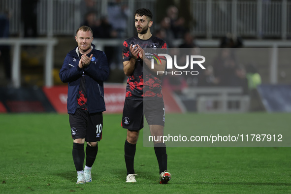 Adam Campbell and Jack Hunter of Hartlepool United applaud their fans after the Vanarama National League match between Hartlepool United and...