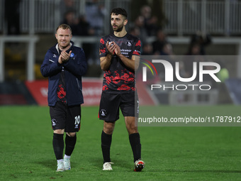 Adam Campbell and Jack Hunter of Hartlepool United applaud their fans after the Vanarama National League match between Hartlepool United and...