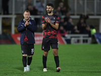 Adam Campbell and Jack Hunter of Hartlepool United applaud their fans after the Vanarama National League match between Hartlepool United and...