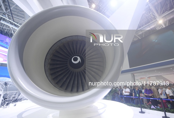 An AEF1200 aircraft turbofan engine is on display at the 2024 Zhuhai Air Show in Zhuhai, China, on November 13, 2024. 