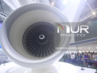 An AEF1200 aircraft turbofan engine is on display at the 2024 Zhuhai Air Show in Zhuhai, China, on November 13, 2024. (