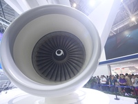 An AEF1200 aircraft turbofan engine is on display at the 2024 Zhuhai Air Show in Zhuhai, China, on November 13, 2024. (