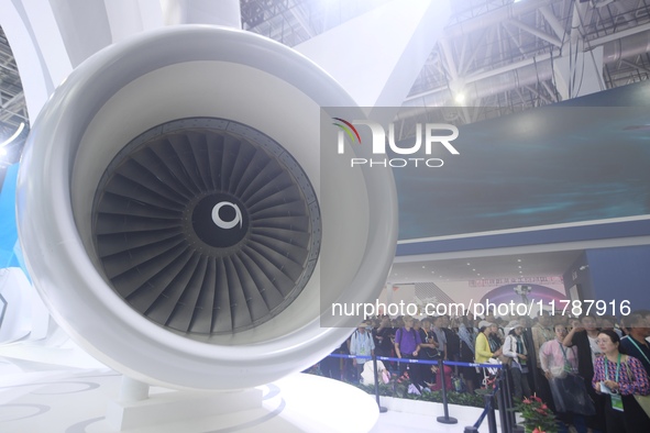 An AEF1200 aircraft turbofan engine is on display at the 2024 Zhuhai Air Show in Zhuhai, China, on November 13, 2024. 