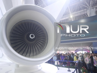 An AEF1200 aircraft turbofan engine is on display at the 2024 Zhuhai Air Show in Zhuhai, China, on November 13, 2024. (