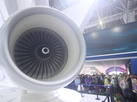 An AEF1200 aircraft turbofan engine is on display at the 2024 Zhuhai Air Show in Zhuhai, China, on November 13, 2024. (