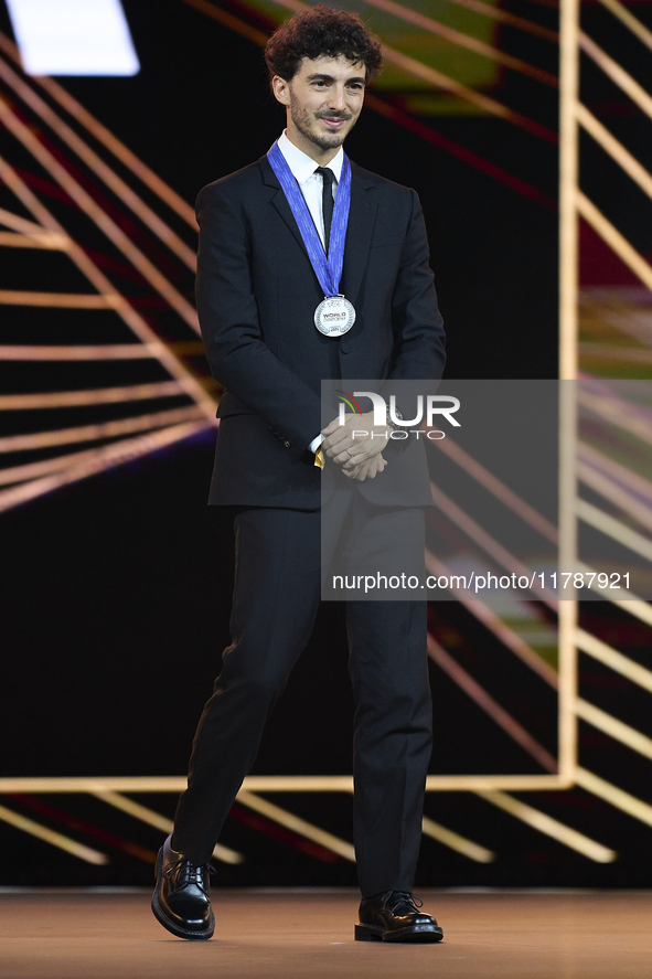 Francesco Pecco Bagnaia (1) of Italy and Ducati Lenovo Team  MotoGP runner up during the MotoGP Awards after race of the Motul Solidarity Gr...