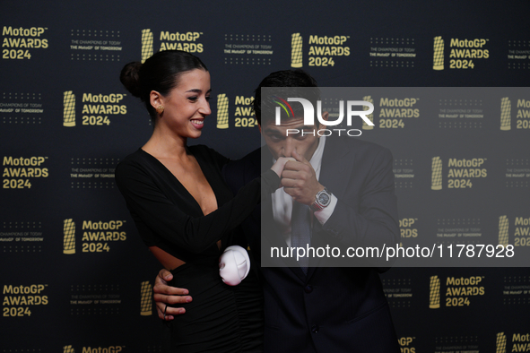 Jorge Martin of Spain and Prima Pramac Racing Ducati with his girlfriend Maria Monfort on the red carpet before the MotoGP Awards after the...