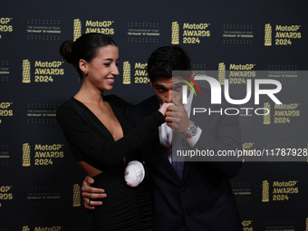 Jorge Martin of Spain and Prima Pramac Racing Ducati with his girlfriend Maria Monfort on the red carpet before the MotoGP Awards after the...