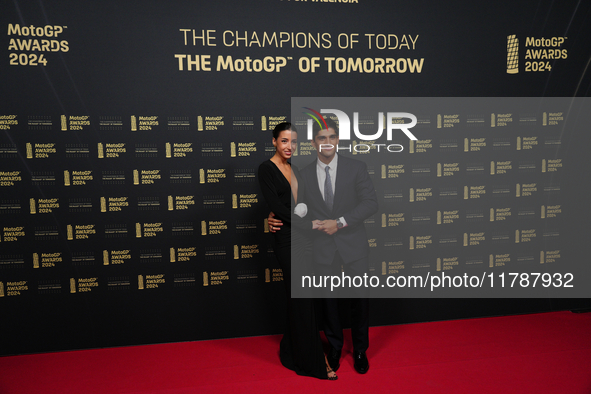 Jorge Martin of Spain and Prima Pramac Racing Ducati with his girlfriend Maria Monfort on the red carpet before the MotoGP Awards after the...