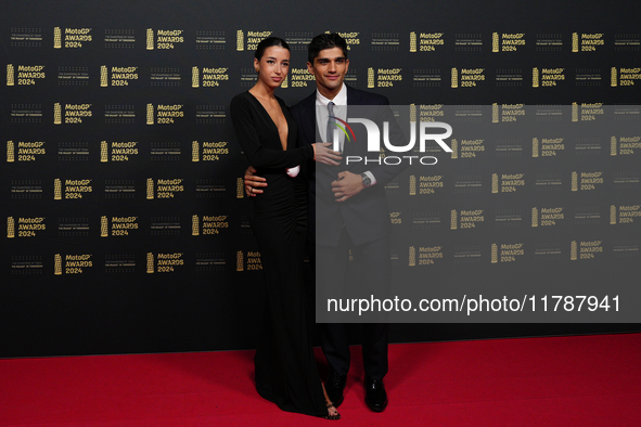 Jorge Martin of Spain and Prima Pramac Racing Ducati with his girlfriend Maria Monfort on the red carpet before the MotoGP Awards after the...