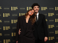 Francesco Pecco Bagnaia (1) of Italy and Ducati Lenovo Team with his wife Domizia Castagnini on the red carpet before the MotoGP Awards afte...