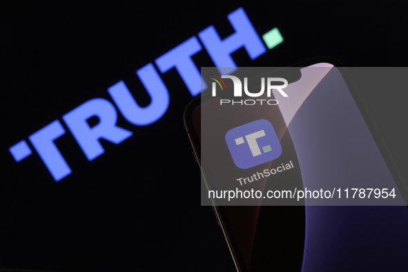 An iPhone in the foreground displays the Truth Social app icon, associated with Donald Trump, while the Truth Social logo is subtly visible...