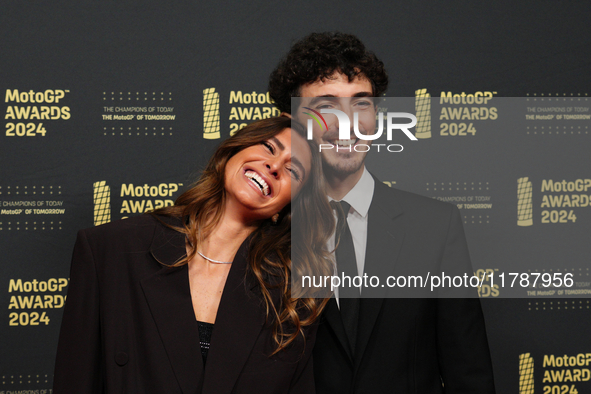 Francesco Pecco Bagnaia (1) of Italy and Ducati Lenovo Team with his wife Domizia Castagnini on the red carpet before the MotoGP Awards afte...