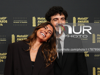 Francesco Pecco Bagnaia (1) of Italy and Ducati Lenovo Team with his wife Domizia Castagnini on the red carpet before the MotoGP Awards afte...