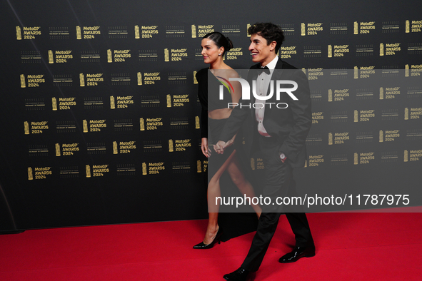 Marc Marquez (93) of Spain and Gresini Racing Moto GP Ducati with his girlfriend Gemma Pinto on the red carpet before the MotoGP Awards afte...