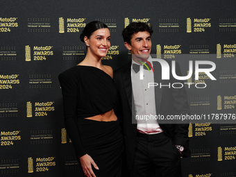 Marc Marquez (93) of Spain and Gresini Racing Moto GP Ducati with his girlfriend Gemma Pinto on the red carpet before the MotoGP Awards afte...