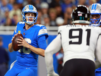 DETROIT,MICHIGAN-NOVEMBER17:  Quarterback Jared Goff (16) of the Detroit Lions looks to pass the ball during a game between the Detroit Lion...