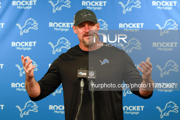 DETROIT,MICHIGAN-NOVEMBER17:  Detroit Lions head coach Dan Campbell answers questions during a post game interview after a game between the...