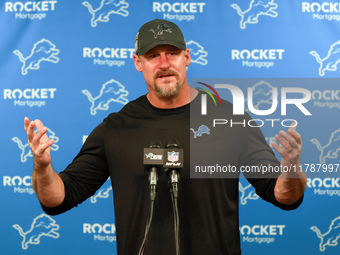 DETROIT,MICHIGAN-NOVEMBER17:  Detroit Lions head coach Dan Campbell answers questions during a post game interview after a game between the...