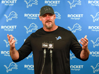 DETROIT,MICHIGAN-NOVEMBER17:  Detroit Lions head coach Dan Campbell answers questions during a post game interview after a game between the...