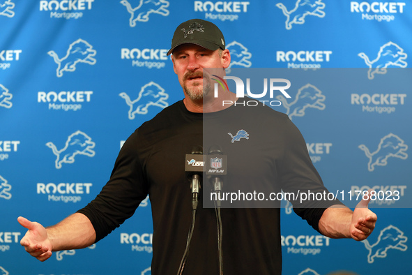 DETROIT,MICHIGAN-NOVEMBER17:  Detroit Lions head coach Dan Campbell answers questions during a post game interview after a game between the...