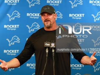 DETROIT,MICHIGAN-NOVEMBER17:  Detroit Lions head coach Dan Campbell answers questions during a post game interview after a game between the...