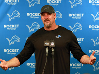 DETROIT,MICHIGAN-NOVEMBER17:  Detroit Lions head coach Dan Campbell answers questions during a post game interview after a game between the...